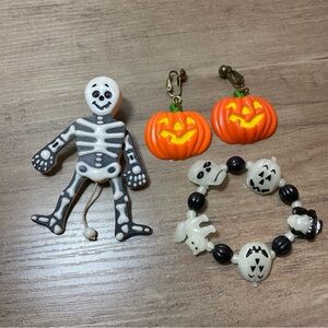 Halloween Skeleton and Pumpkin Jewelry Set Brooch Earrings Bracelet